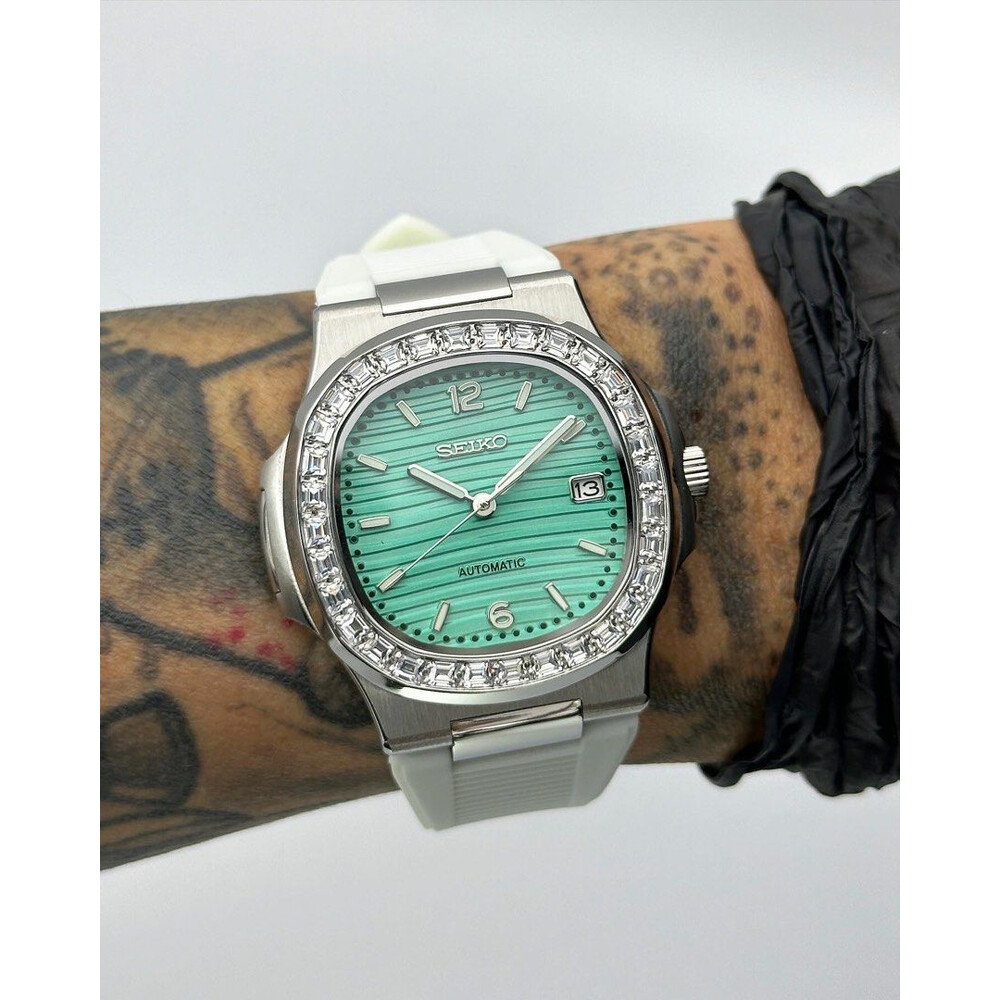 Custom Seiko Mod • Tiffany Diamond Nautilus on White Rubber Strap • 40mm